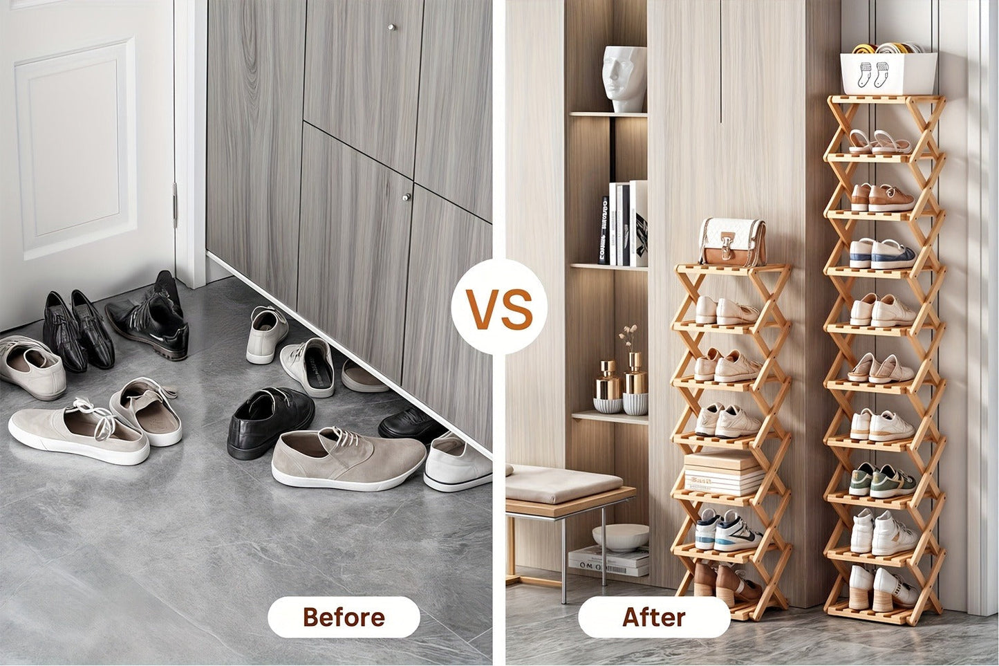 Foldable Bamboo-Labeled Shoe Rack with Six- or Eight-Tier Primary and Brown Checkout Options