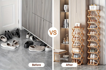 Foldable Bamboo-Labeled Shoe Rack with Six- or Eight-Tier Primary and Brown Checkout Options