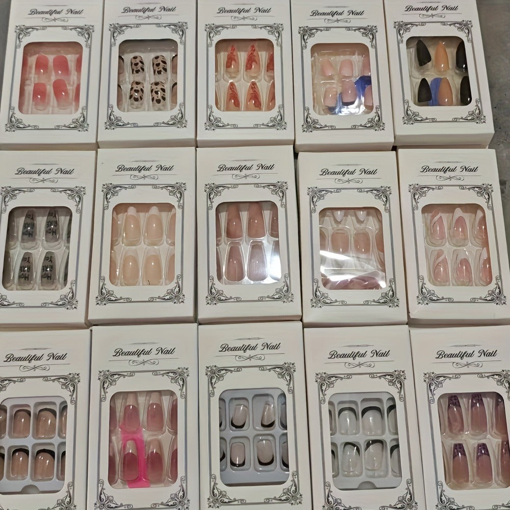 Press On Nails 216-Piece Nine-Set Random Mixed-Color Rhinestone Glossy Middle-Length Collection