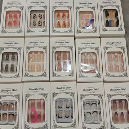 Press On Nails 216-Piece Nine-Set Random Mixed-Color Rhinestone Glossy Middle-Length Collection