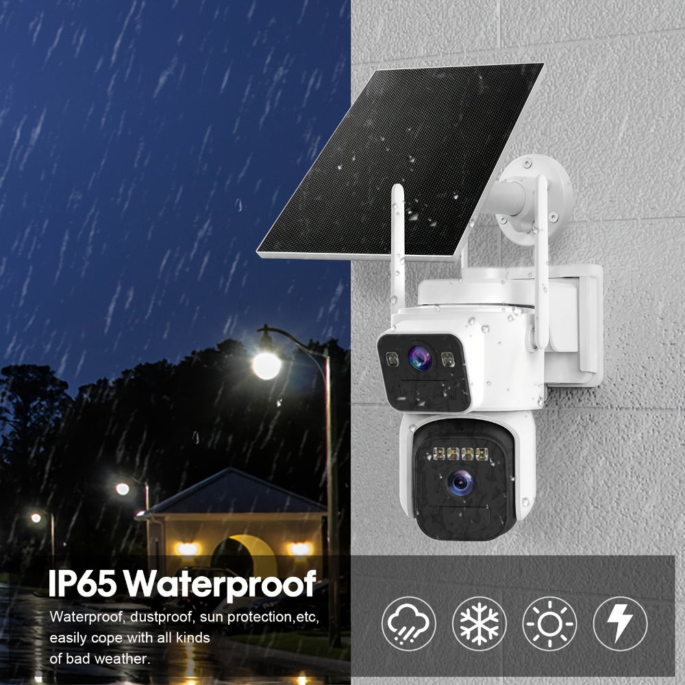 Security Camera Dual-Lens Solar Model with PIR Detection, Two-Way Audio, Spotlight Alarm and TF Card Options