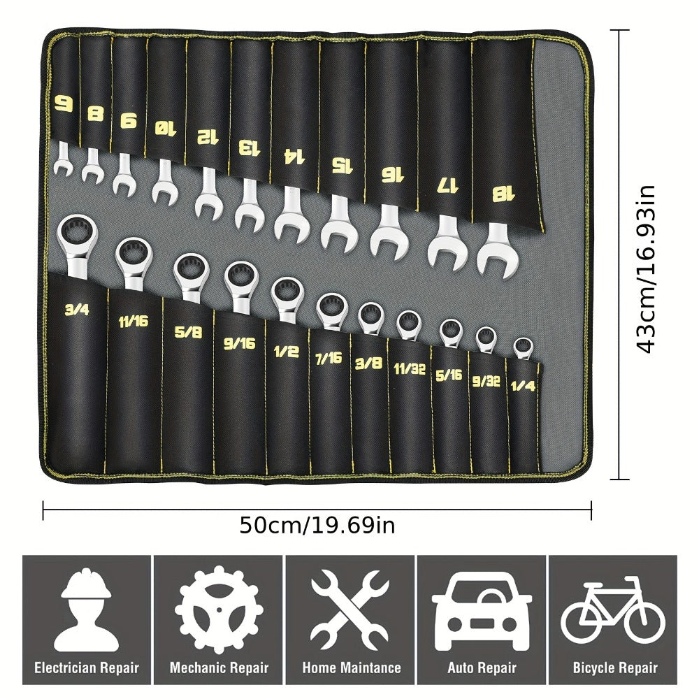 Twenty-Two-Piece SAE and Metric Combination Ratcheting Wrench Set with Storage Bag for Workshop Use