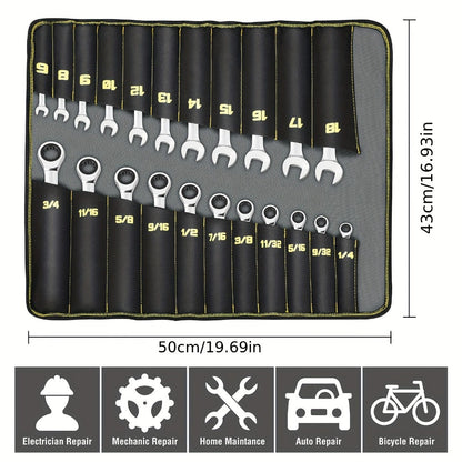 Twenty-Two-Piece SAE and Metric Combination Ratcheting Wrench Set with Storage Bag for Workshop Use