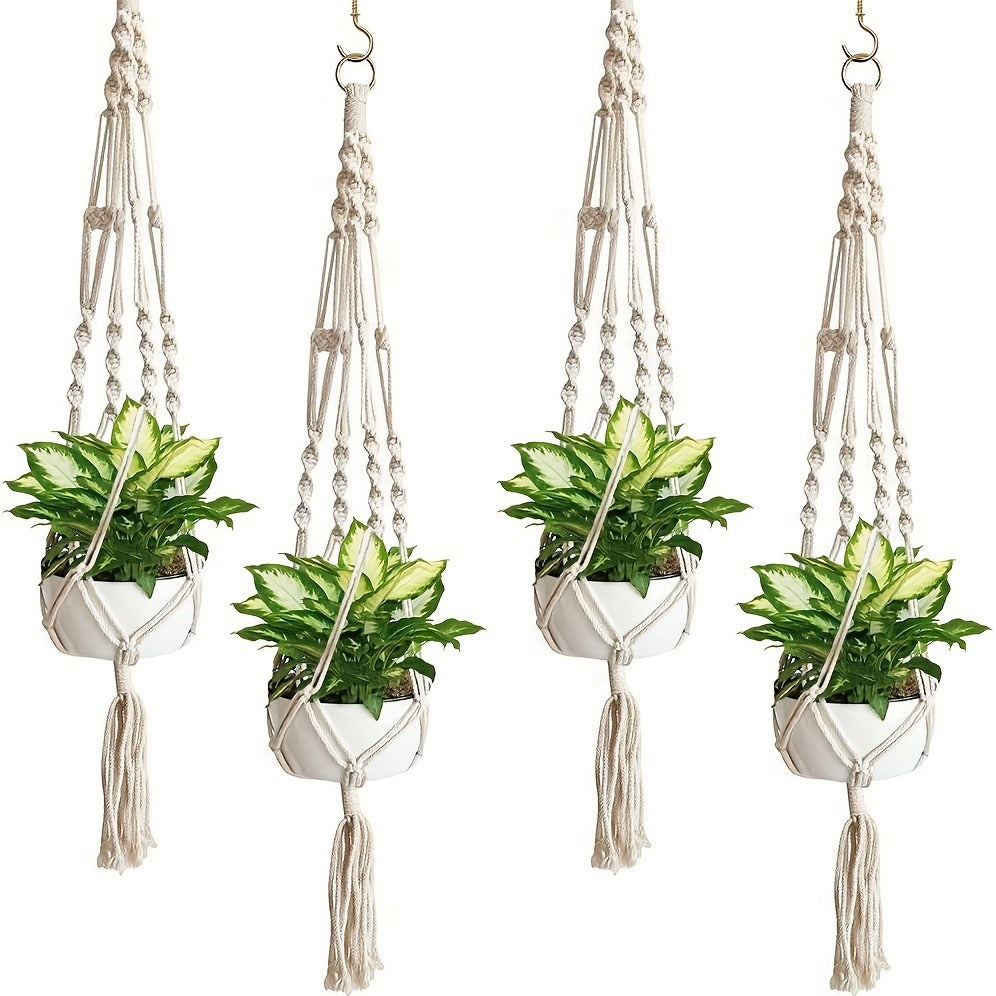 Four-Piece Macrame Plant Hanger Set in White, Black or Natural Rope with Woven Pot Holder Designs