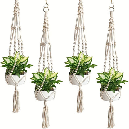 Four-Piece Macrame Plant Hanger Set in White, Black or Natural Rope with Woven Pot Holder Designs