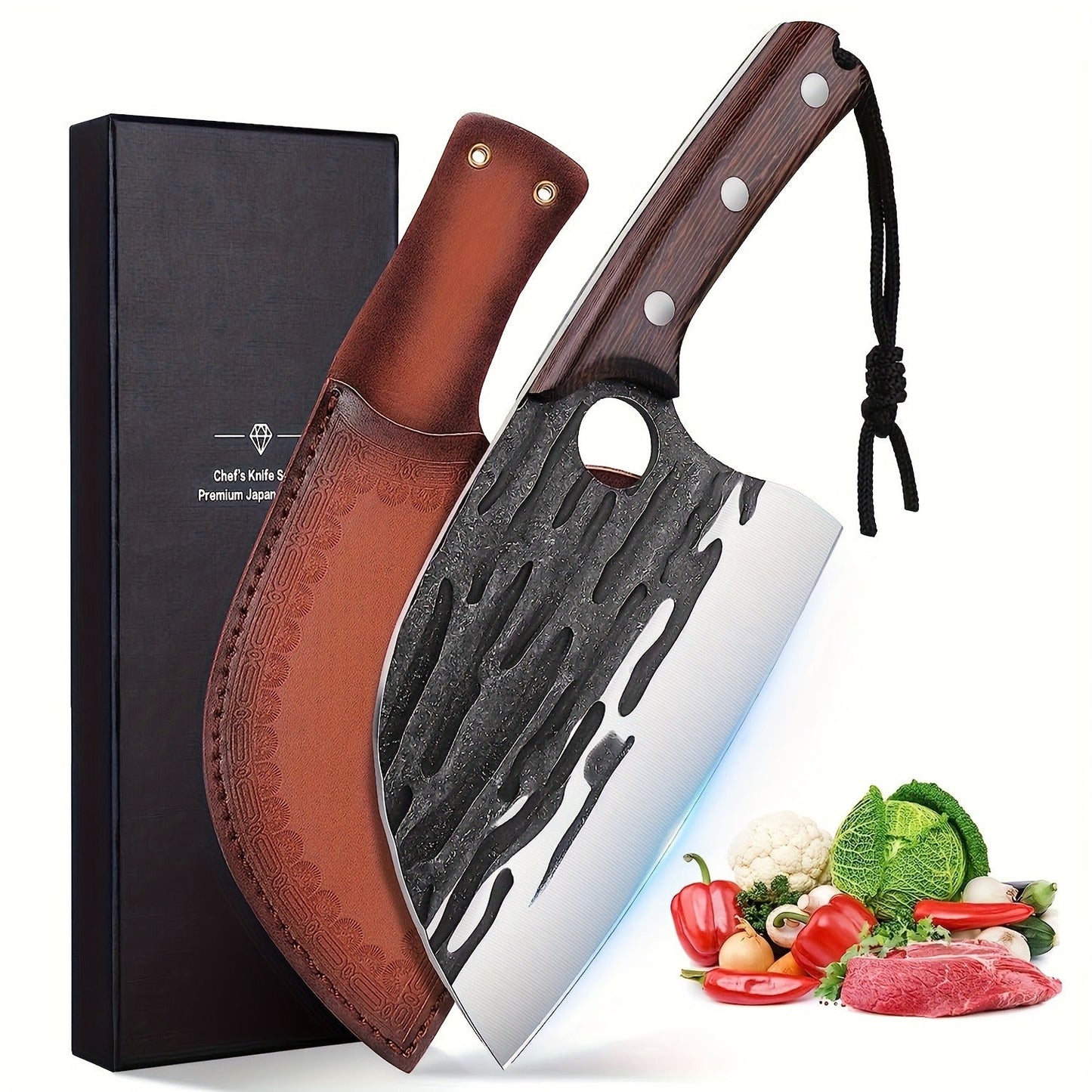 Serbian-Style Meat Cleaver with 6.5-Inch Blade, Wood Handle, Full-Tang Rivets and Leather Sheath