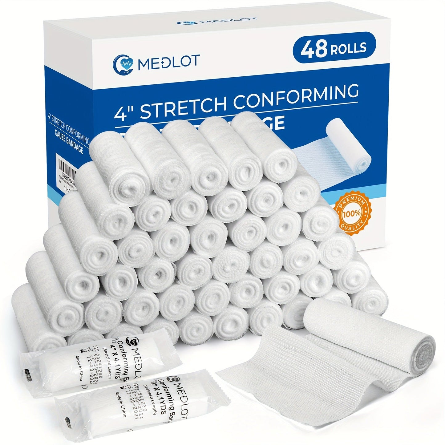 Stretch Gauze Bandage Roll 48 Count Individually Wrapped - 4 Inch x 4 Yards Latex Free Conforming Gauze Wrap for First Aid, Wrist, Knee, Wound Care, Hemostasis & Outdoor Emergency Medical Supplies