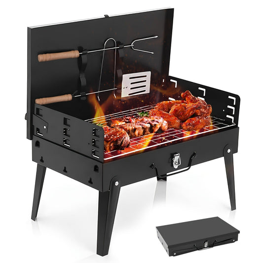Charcoal Grill Portable BBQ with Hood – Foldable Compact Outdoor Barbecue Grill for Camping Tailgating Picnic Backyard Cookouts | Lightweight Steel with Accessories Included