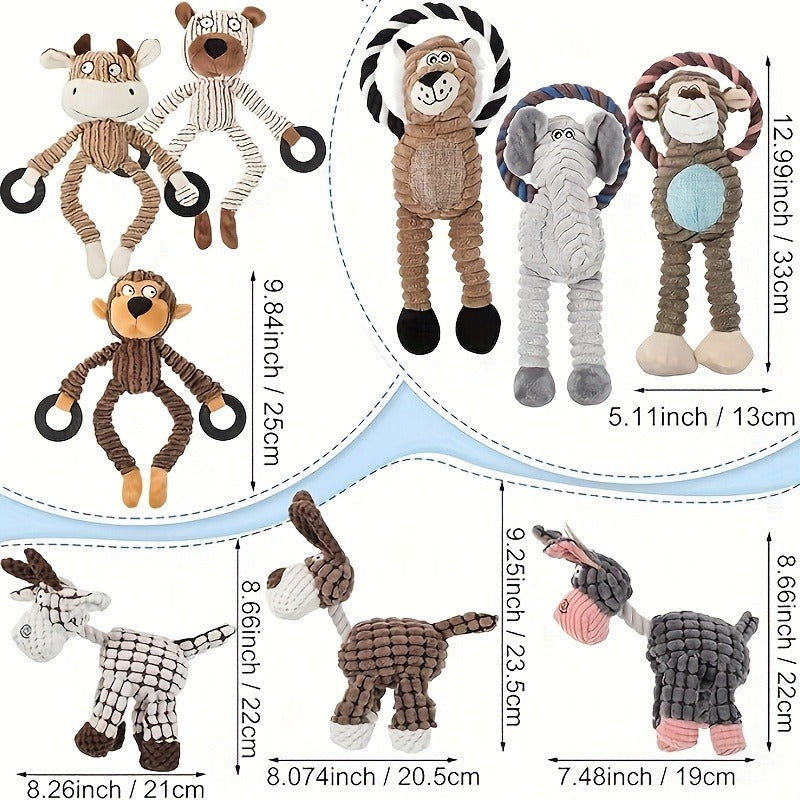 Dog Toy Plush Rope Animal-Print Squeaker Set with Random 6, 8 or 10-Piece Options and No Batteries
