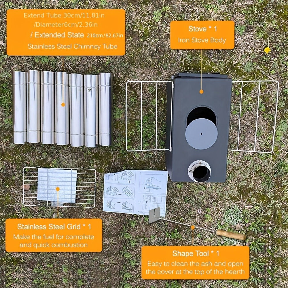 Wood Burning Camp Stove with Chimney Pipe Portable Outdoor Camping Stove for Cooking, BBQ, Boiling Water & Heating, Stainless Steel Hot Tent Stove with Folding Rack, Ash Hook & Accessories Included
