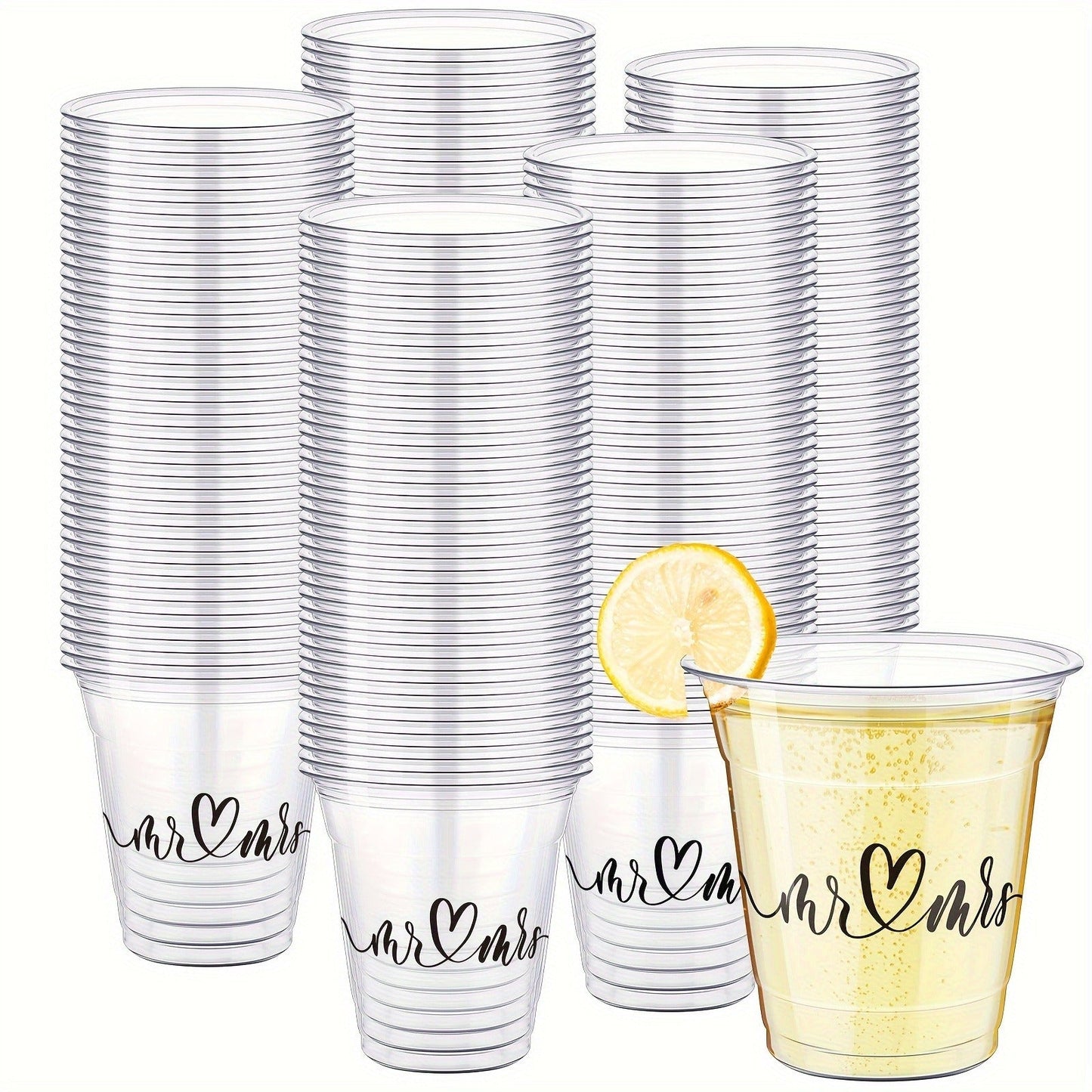 Clear Wedding Cup Party Supplies Pack with 200 10-Ounce Plastic Cups and Mr and Mrs Script