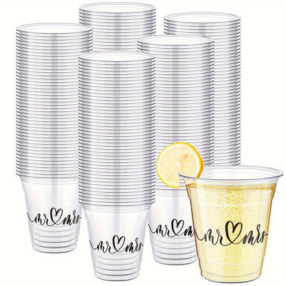 Clear Wedding Cup Party Supplies Pack with 200 10-Ounce Plastic Cups and Mr and Mrs Script