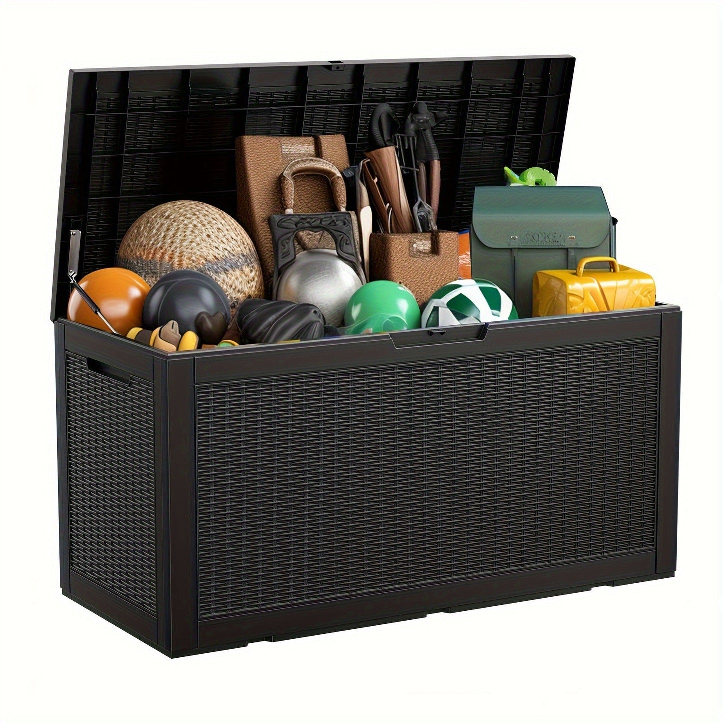 Large Gray Rattan-Look Outdoor Storage Box with 110-Gallon Pictured Capacity, Handles and Hinged Lid