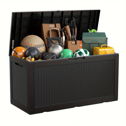 Large Gray Rattan-Look Outdoor Storage Box with 110-Gallon Pictured Capacity, Handles and Hinged Lid