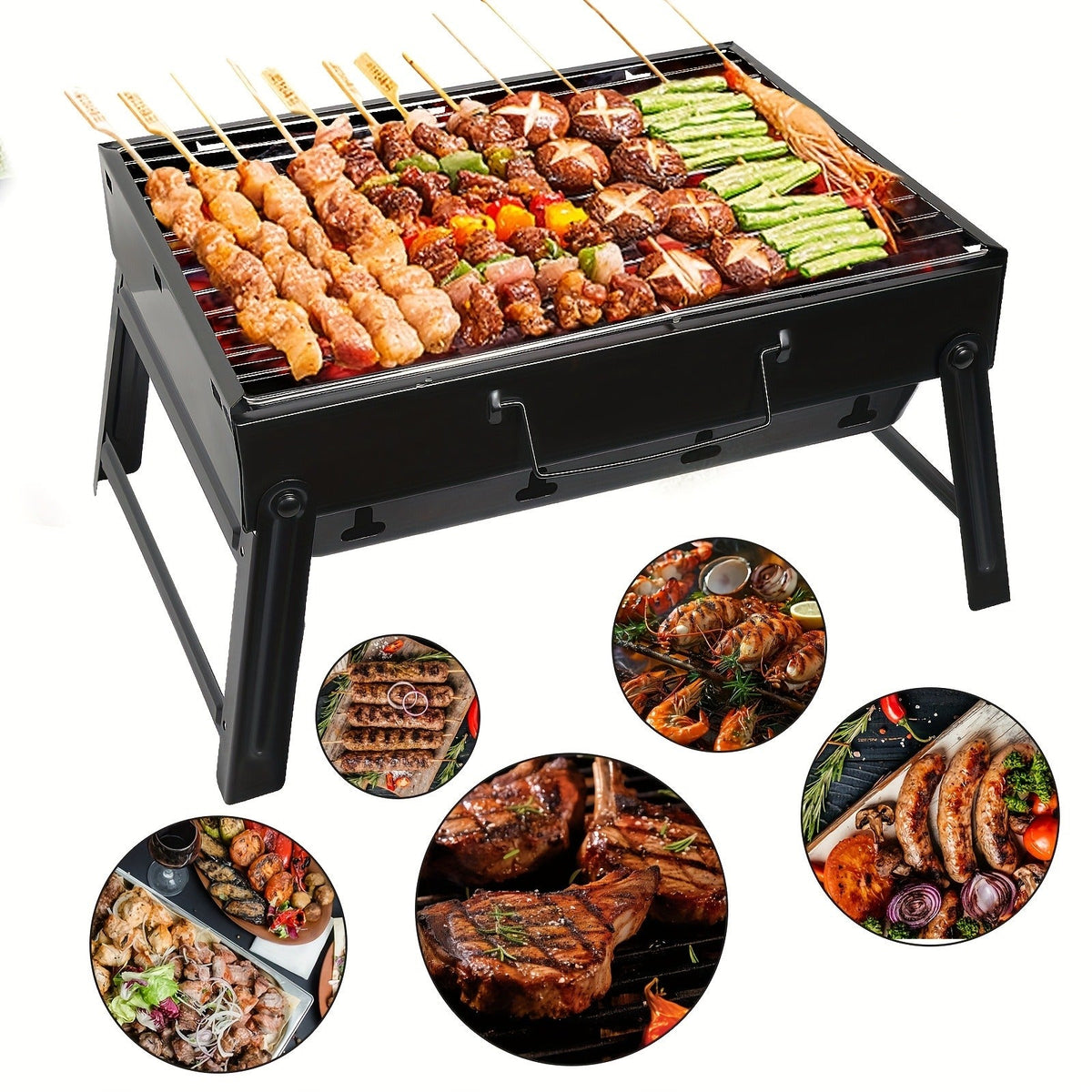 Folding Charcoal Grill with Rectangular Black Body, Layered Grate, Charcoal Mesh and Pull-Out Tray
