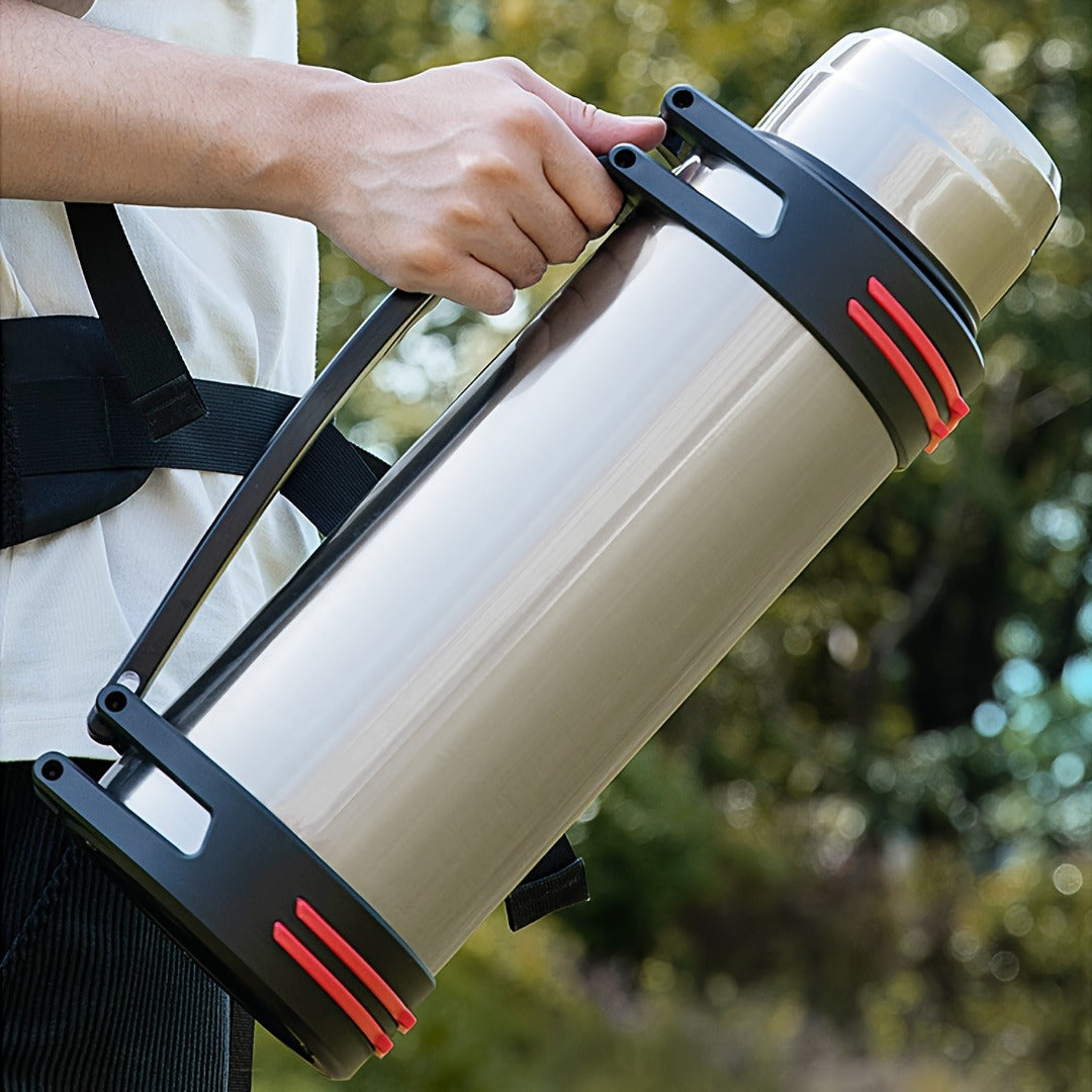 2000ml Stainless Steel Water Bottle Flask with Cup-Style Cap, Rigid Side Handle and Shoulder Strap