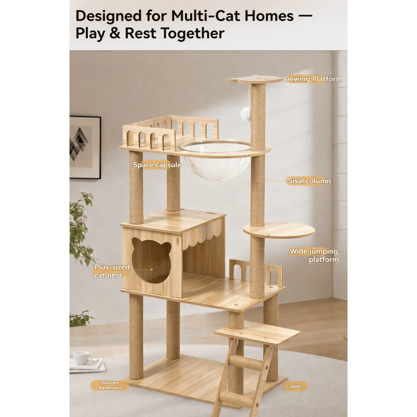 Cat Tree 54 Inch Large Wooden Cat Tower with Space Capsule Multi-Level Cat Condo Sisal Scratching Post for Indoor Cats Luxury Design