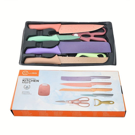 Kitchen Knife Set 7 Piece Stainless Steel Ergonomic Wheat Straw Handle with Cutting Board – Portable Camping Travel Chef Knives for Home Restaurant Outdoor Cooking Gift