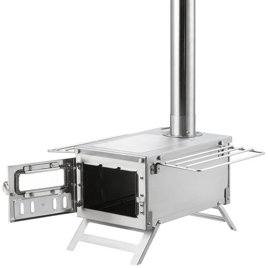 Wood Stove Camping Tent Stove 80 Inch Stainless Steel, 700in³ Firebox, 8 Accessories, BBQ Grill Plate, Chimney Pipes, Portable Outdoor Heating & Cooking, 11.71 lbs