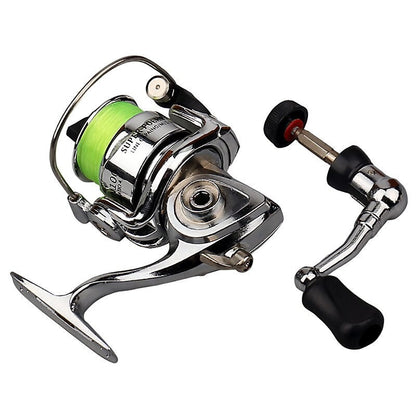 Mini Spinning Fishing Reel with Folding Handle, Green Line Spool and Compact 9 x 9 x 8 cm Profile