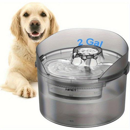 Dog Water Fountain 2 Gallon NPET DF30 - Automatic Pet Water Dispenser Triple Filtration with Splatter Guard & Cleaning Kit for Large Dogs & Multiple Pets 1.3Gal or 2Gal Options