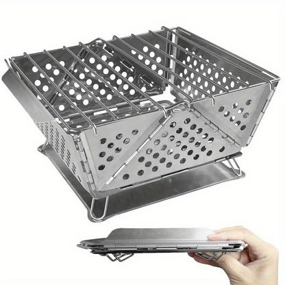Wood Burning Camp Stove Portable Stainless Steel | Mini Folding Charcoal BBQ Grill | Lightweight Camping Wood Stove Burner | Outdoor Hiking Backpacking Accessory, 670g