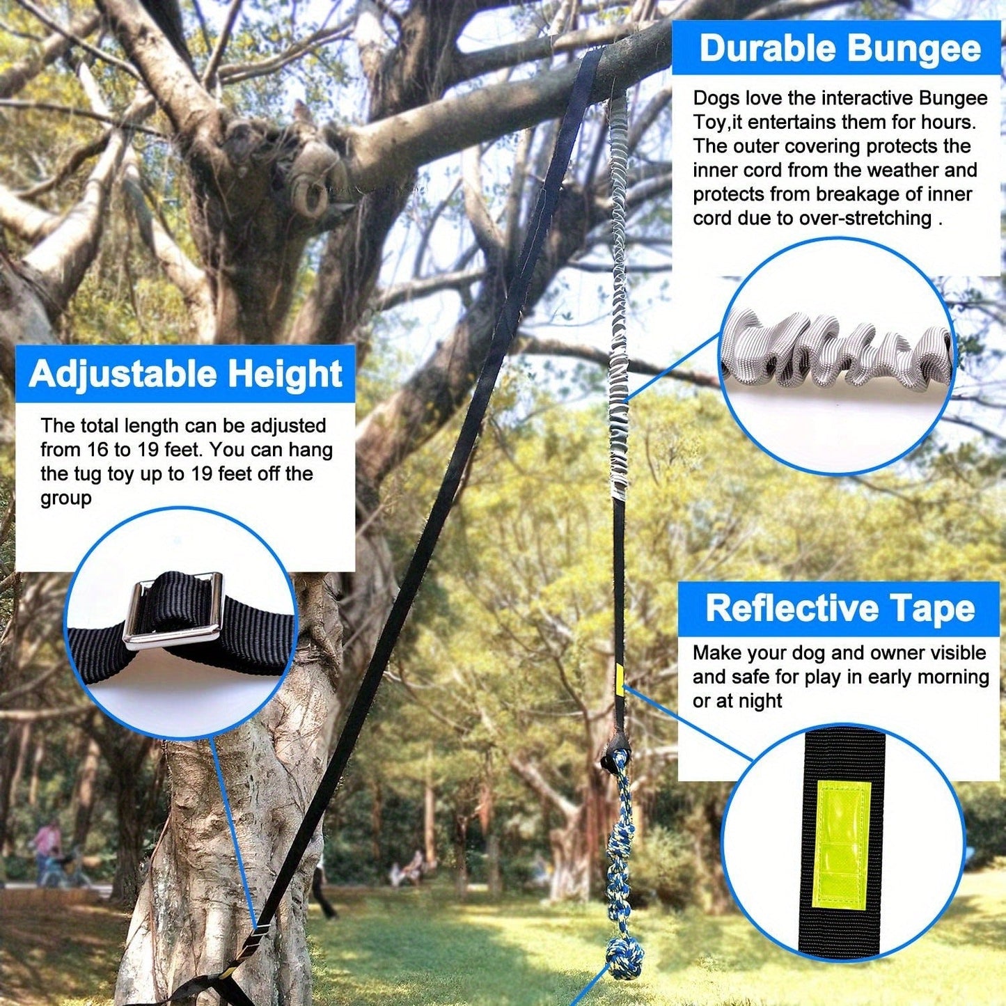 Dog Toy Outdoor Hanging Bungee Tug with Adjustable 19.7-Foot Elastic Cord, Soft Loop and Chew Rope