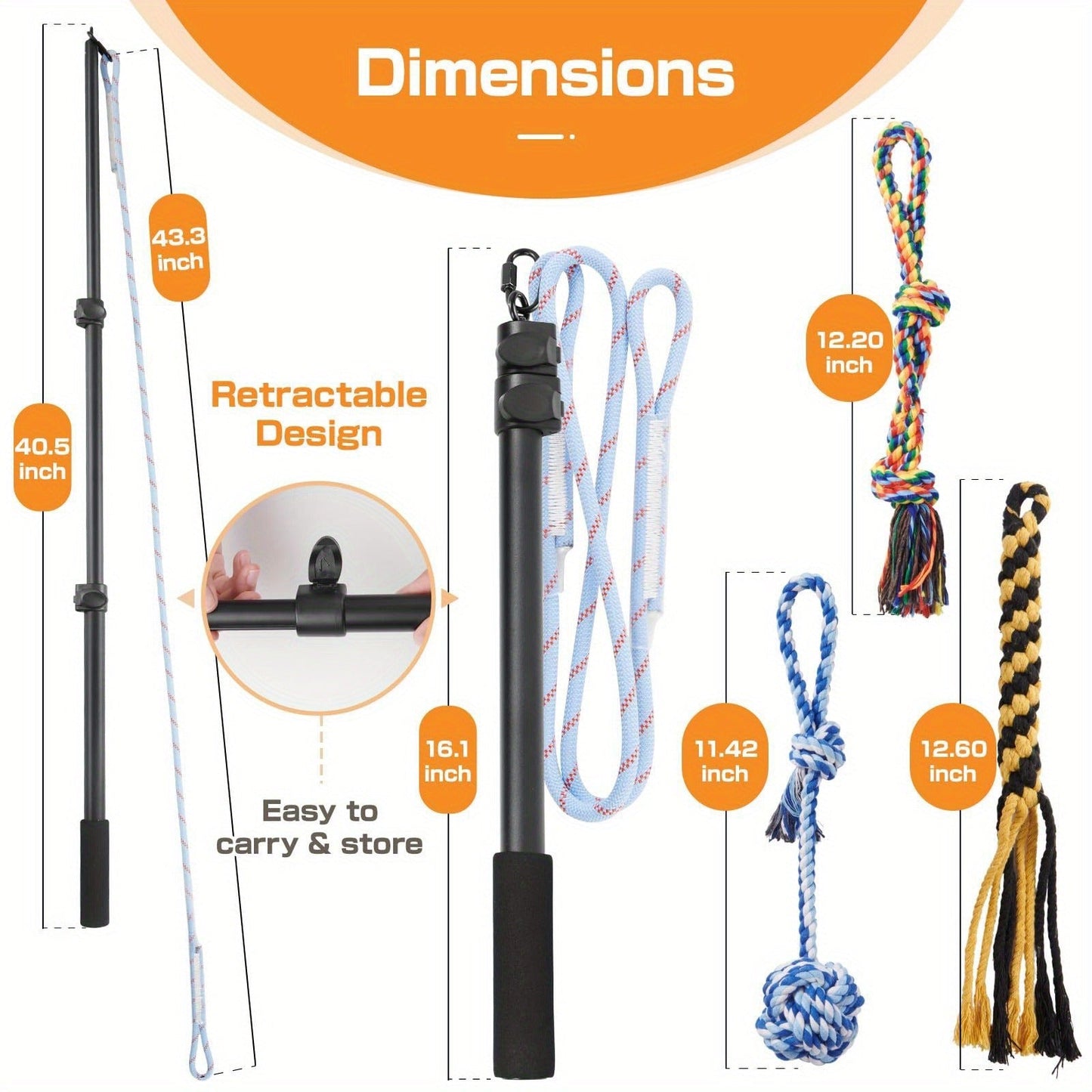 Dog Toy Telescopic Aluminum Flirt Pole with Reinforced Nylon Rope and Three Detachable Interactive Toys