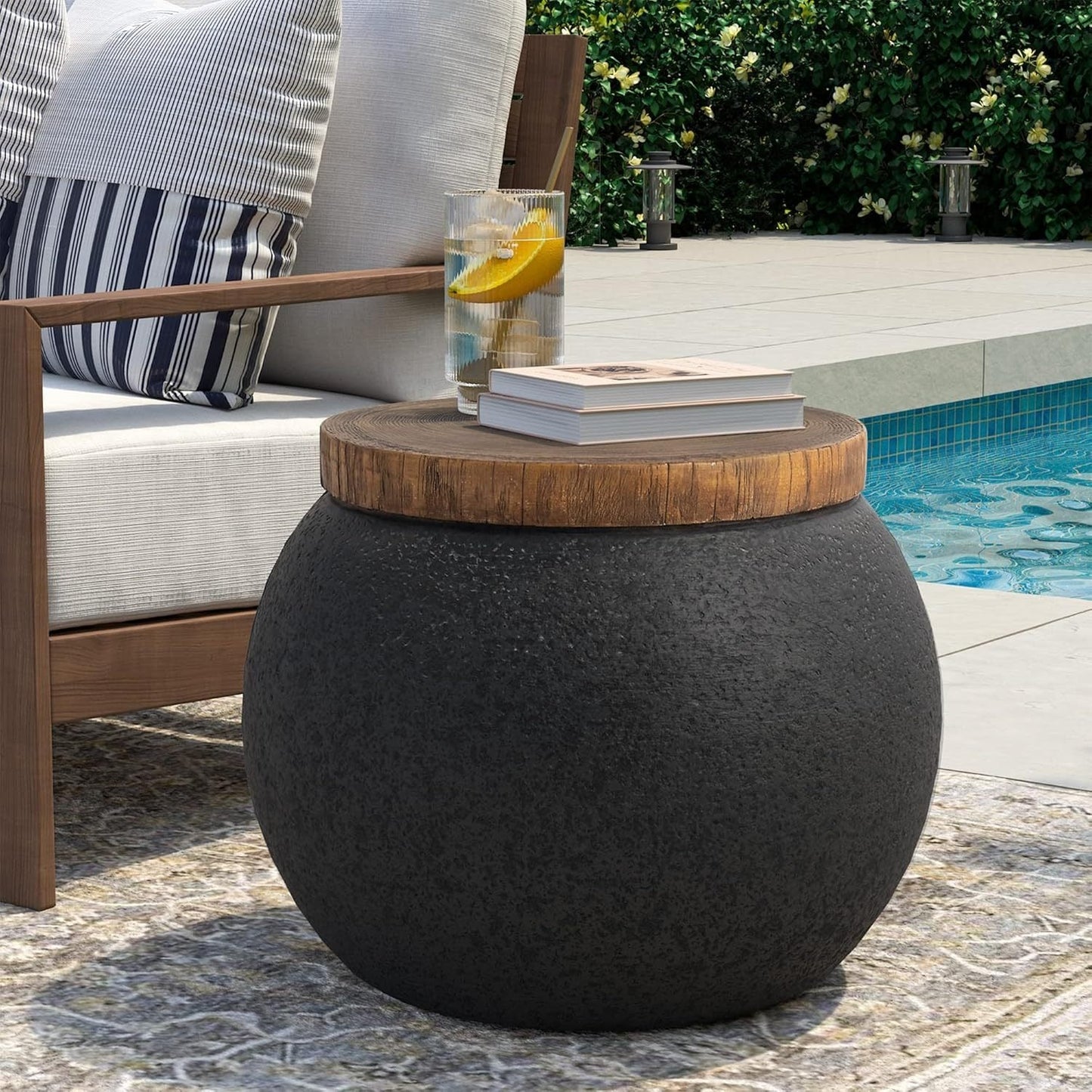 Outdoor Side Table 17-Inch Concrete Design with Wood-Look Finish in Black, Hourglass or Small Options
