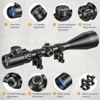 3-9x40 Illuminated Rifle Scope with Red and Green Reticle, 20mm Four-Hole Rail Mount and Adjustment Turrets