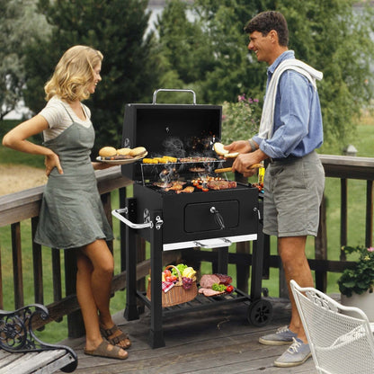Large Charcoal Grill with Smoker, Height-Adjustable Charcoal Pan, Dual Air Dampers, Built-In Thermometer, Foldable Side Table & Wheels – Heavy-Duty Outdoor BBQ Grill for Patio & Backyard