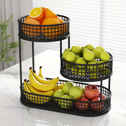 Three-Tier Black Wire Fruit Basket with Staggered Round Bowls and Rectangular Countertop Base