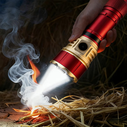 Flashlight Fresnel Lens Rechargeable Hand Torch with 21700 3500mAh Battery in Red Finish for Outdoor Use