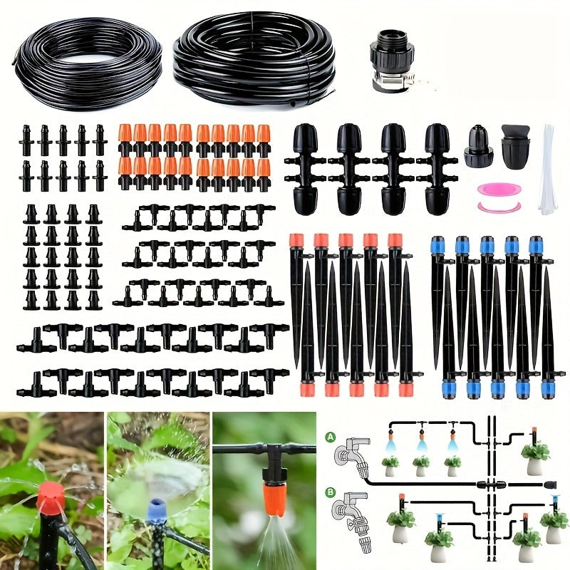 226-Foot Drip Irrigation Kit with Adjustable Emitters, Misting Nozzles and Garden Watering Fittings