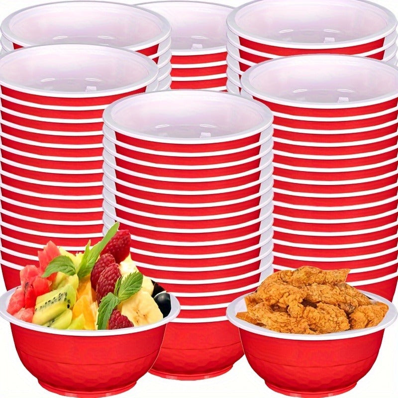 Striped 13-Ounce Disposable Plastic Serving Bowls with Side Handles, 120-Piece Red, Yellow or Green Packs