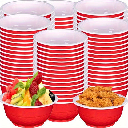 Striped 13-Ounce Disposable Plastic Serving Bowls with Side Handles, 120-Piece Red, Yellow or Green Packs