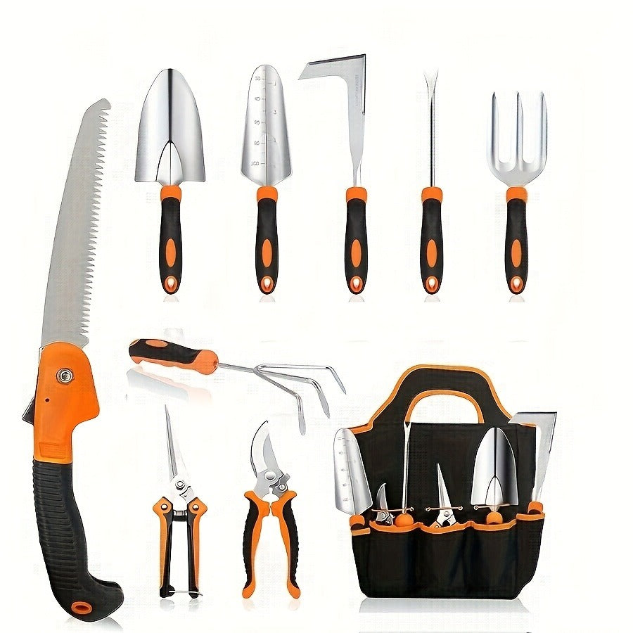 Garden Tool Set 10-Piece | Heavy Duty Stainless Steel Trowel Pruner Rake Weeder with Tote Bag | Ergonomic Non-Slip Grip Gardening Kit Gift for Women Men