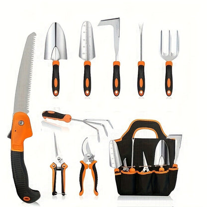 Garden Tool Set 10-Piece | Heavy Duty Stainless Steel Trowel Pruner Rake Weeder with Tote Bag | Ergonomic Non-Slip Grip Gardening Kit Gift for Women Men