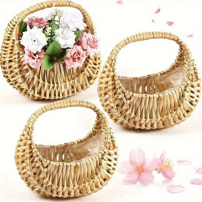 Wicker Basket Set Half Moon Shape with Handle – Small Rattan Baskets 3/5/6 Pcs for Wedding Flower, Home Decor, Garden Storage & Picnic, Plastic Liner Included, 6.7×6.5×4.3 in