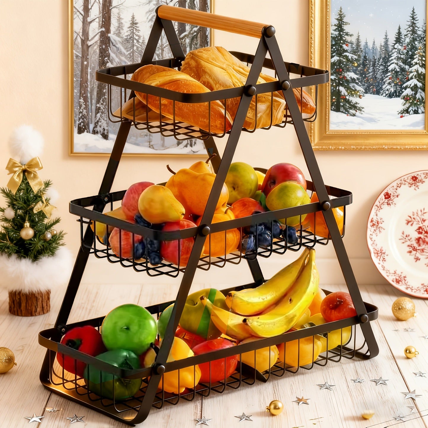 Tiered Fruit Basket with Removable Wooden Handles – 2 or 3 Tier Metal Kitchen Counter Organizer for Produce, Bread & Snacks