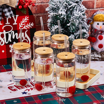 Drinking Glasses Set with Lid and Straw 550ml Oval Glass Cups 4 or 6 Piece – Iced Coffee Smoothie Bubble Tea Juice Tumbler Set for Home Entertaining Gifting