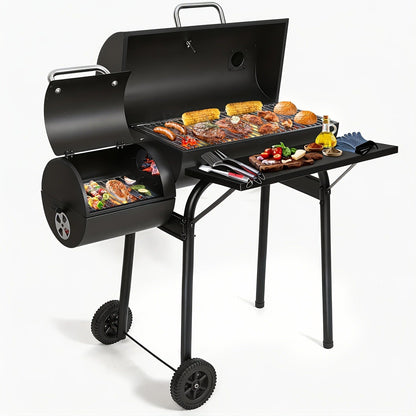 Charcoal Grill with Offset Smoker, Barrel BBQ Smoker Grill Combo for Backyard & Patio, Heavy-Duty Outdoor Charcoal Smoker with Side Firebox for Smoking, Grilling & BBQ Parties