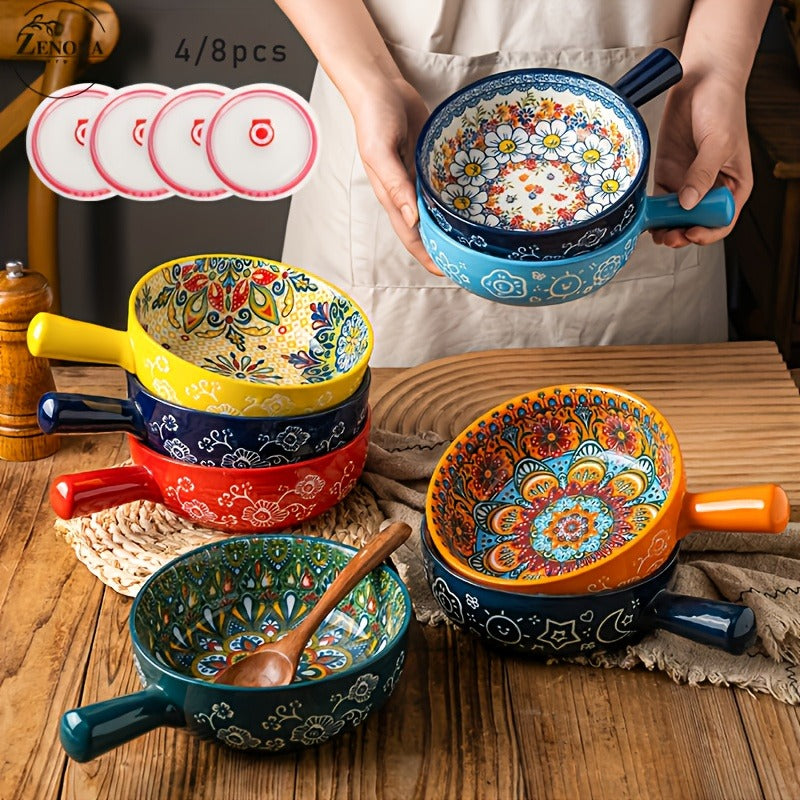 Ceramic Bowl Set with Lids 8-Piece Bohemian Soup Noodle Salad Bowls – Microwave Dishwasher Oven Safe Colorful Dinnerware for Meal Prep Family Dining Gifting