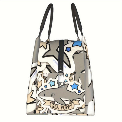 Gray Shark-Pattern Lunch Bag with Twin Handles, Zip Top and Structured Rectangular Carrying Shape