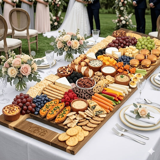 Charcuterie Board Wood 36x11 Extra Long Serving Board with Handles & 2 Display Bases for Parties Wedding Camping Easter Gifts