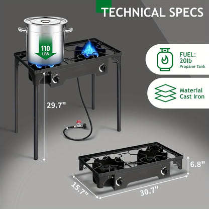 Outdoor Propane Burner Stand with One- or Three-Burner Layout, Removable Legs and 0–20 PSI Regulator Hose