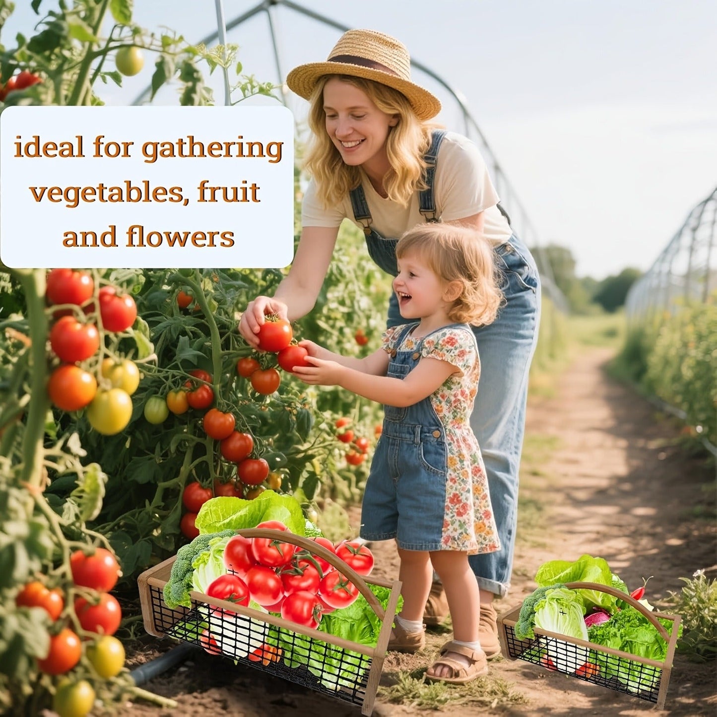 Garden Harvest Basket with Metal Mesh Body, Wooden Ends, Carry Handle and Small or Large Black Options