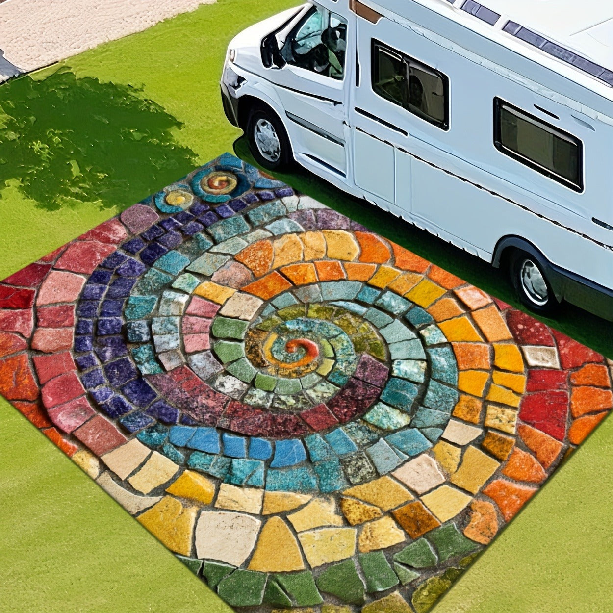 Area Rug Multicolor Mosaic Indoor Outdoor Mat with Rubber Backing and Five Washable Size Options