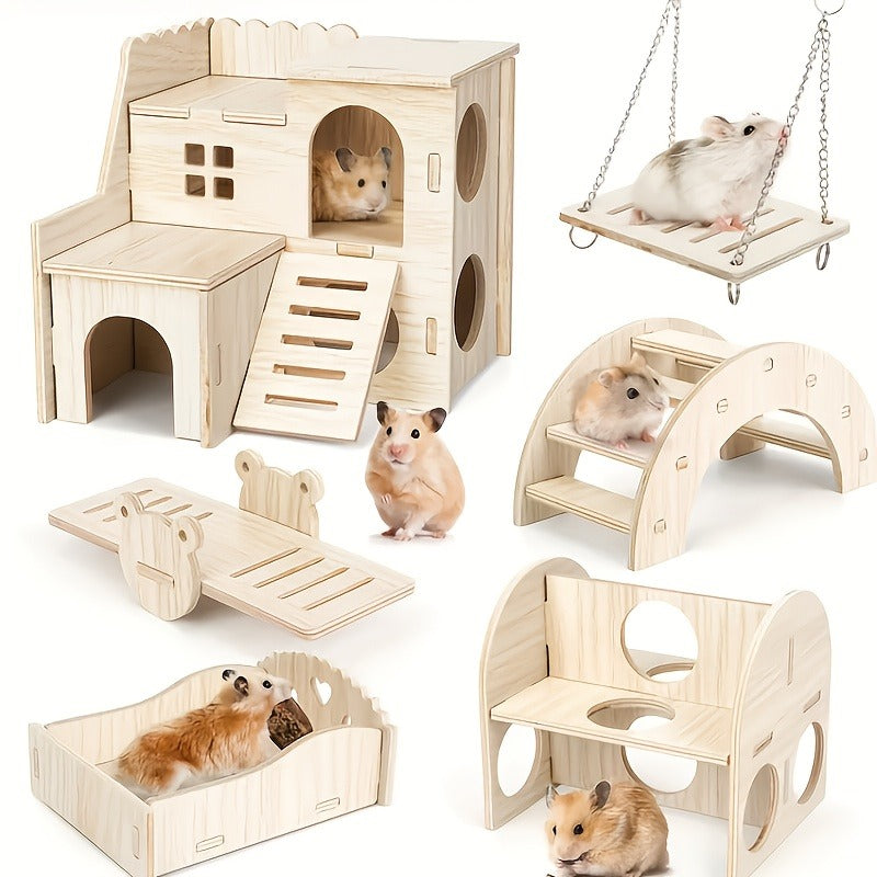 Hamster Cage Accessories 6-Piece Wooden Set - Running Wheel, Villa House, Swing, Nesting House for Hamsters Guinea Pigs Gerbils - Natural Wood Small Animal Habitat Enrichment Toys & Cage Supplies