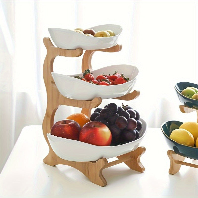 White or Green Countertop Display Stand with Two- or Three-Tier Curved Trays and Wood-Look Supports